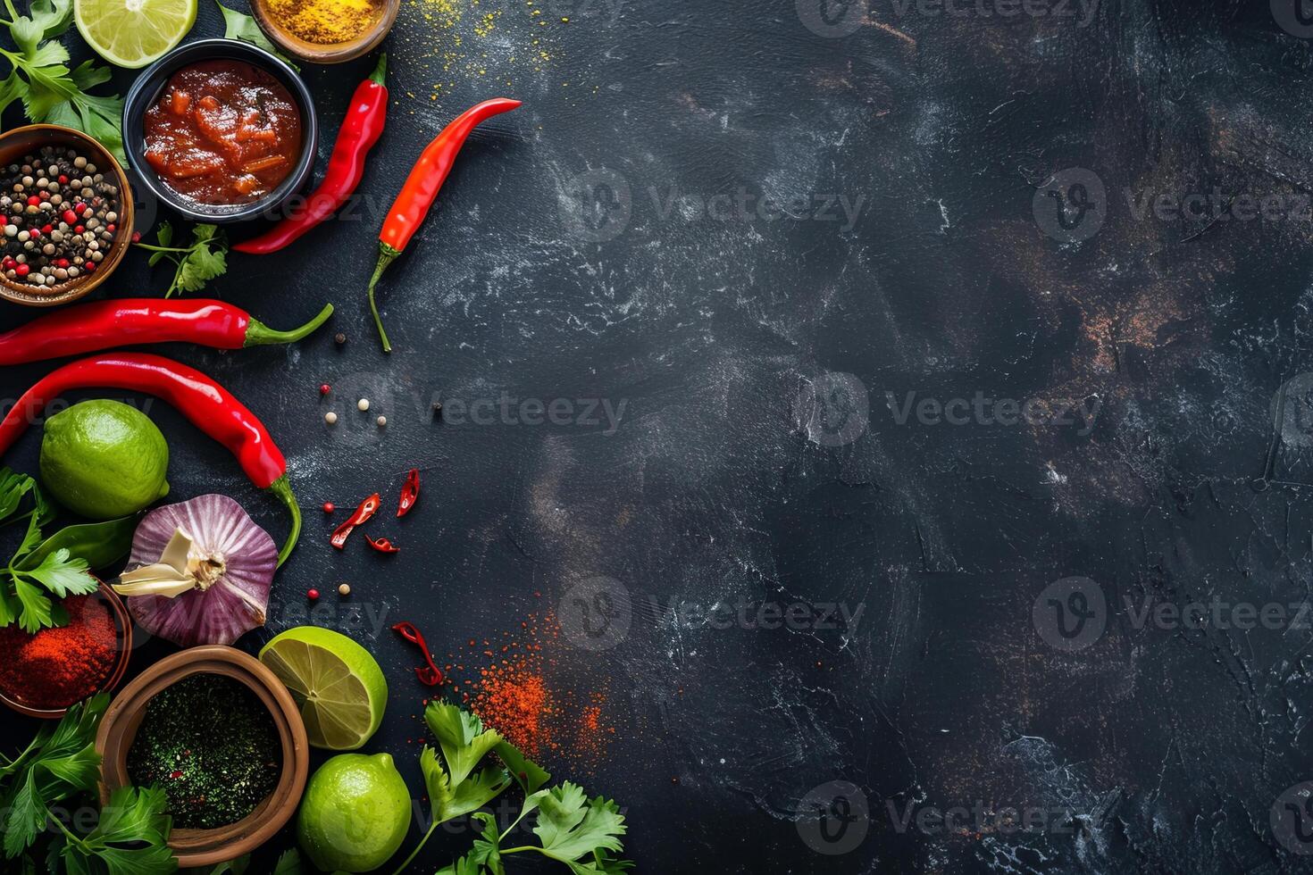 Restaurant kitchen spices and herbs on the ground, flat lay copy space photo