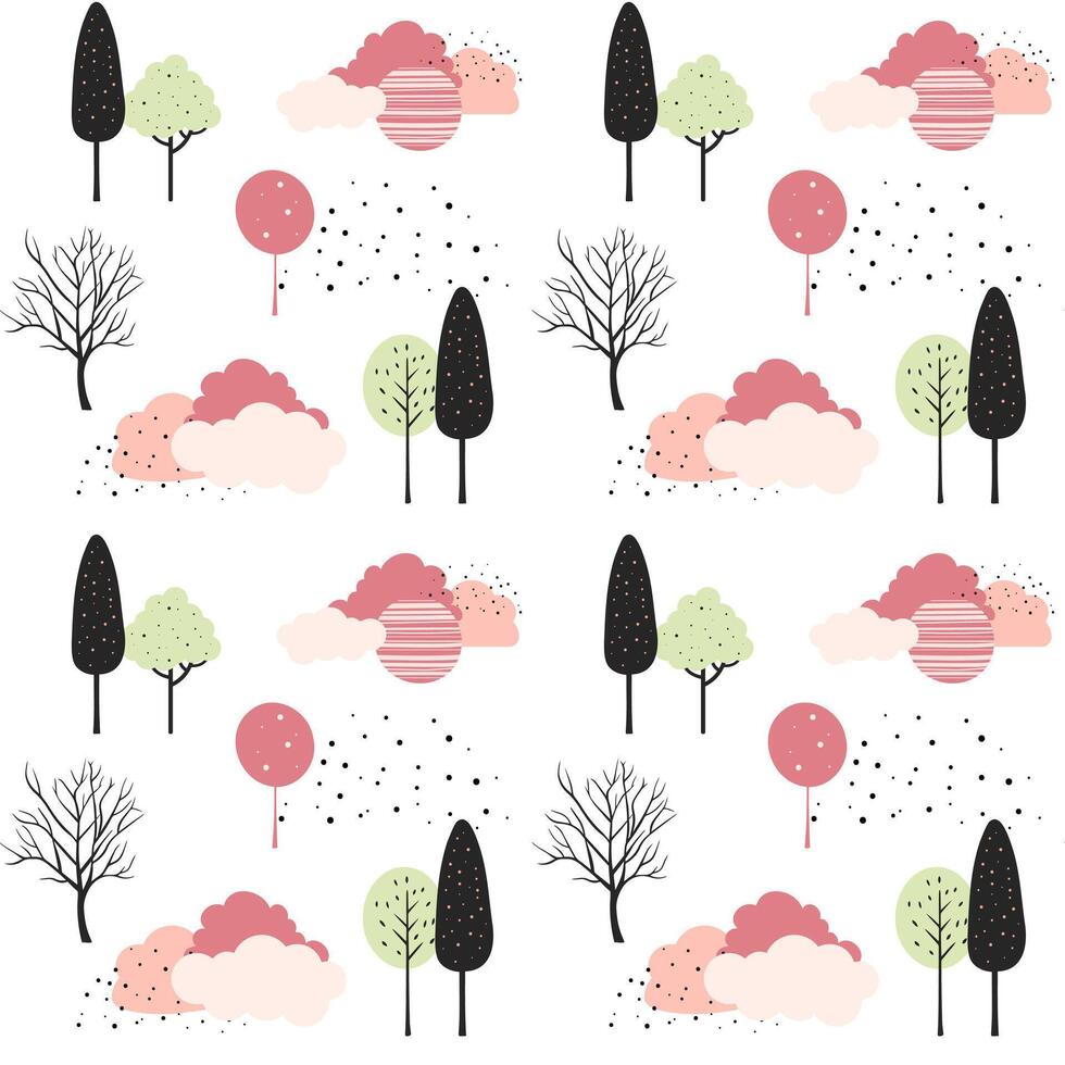 Cute trees seamless pattern. Scandinavian trees and clouds wallpaper. Childish fantasy background. vector