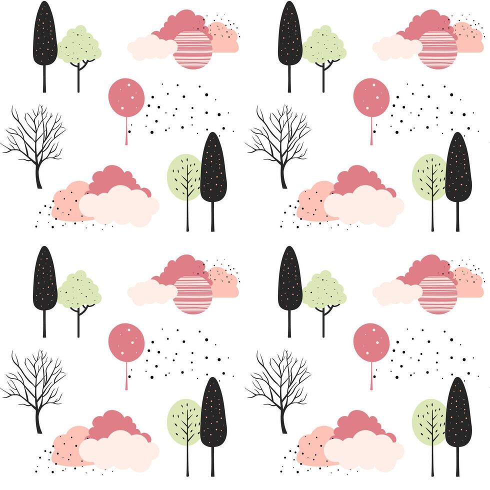 Cute trees seamless pattern. Scandinavian trees and clouds wallpaper. Childish fantasy background. vector