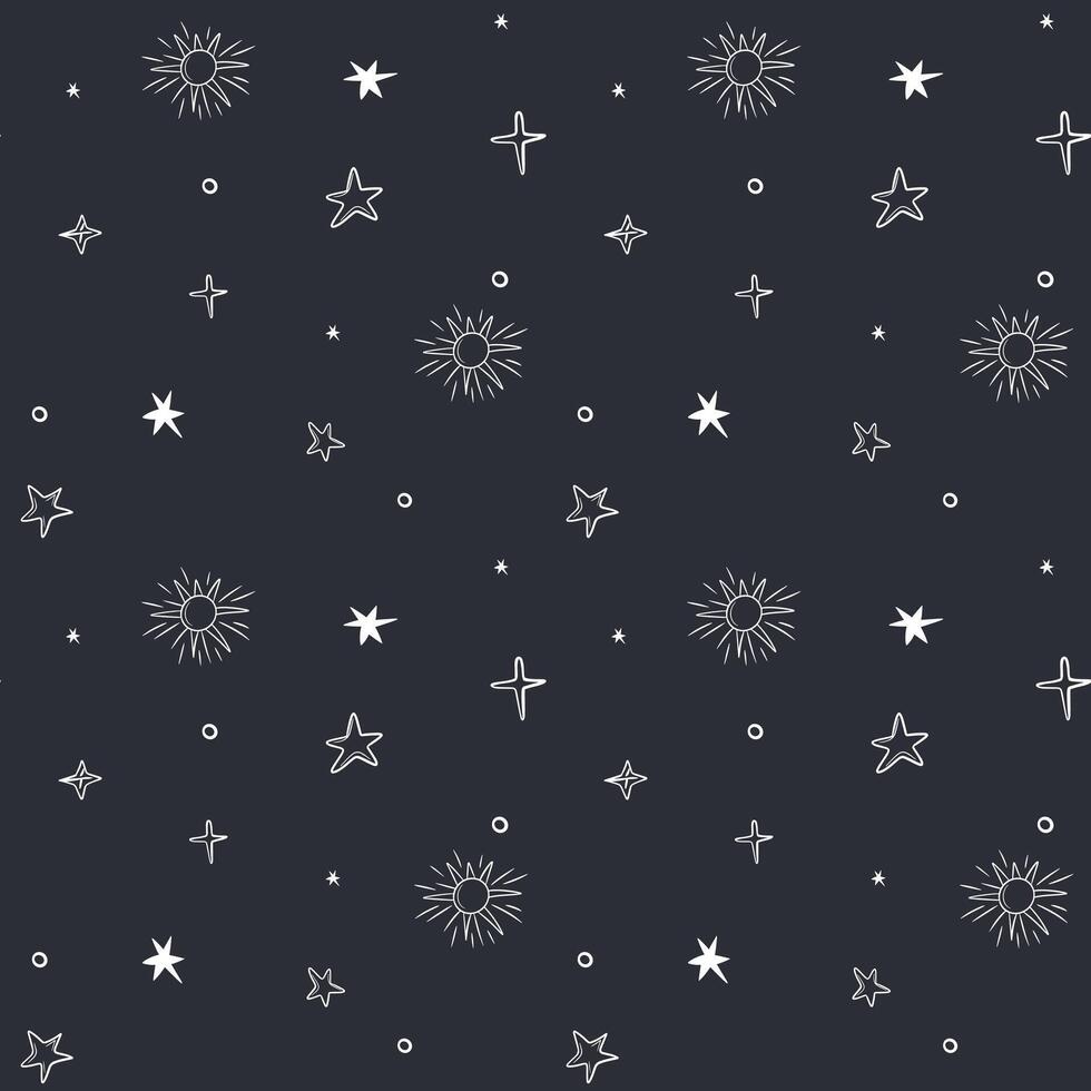 Monochrome seamless pattern with stars and sun. Space background. Space elements. vector