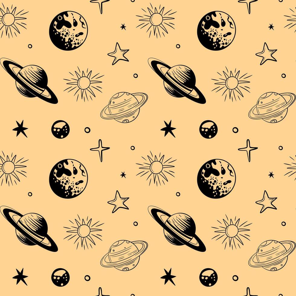 Monochrome seamless pattern with planets and stars. Space background. Hand drawn space elements. vector