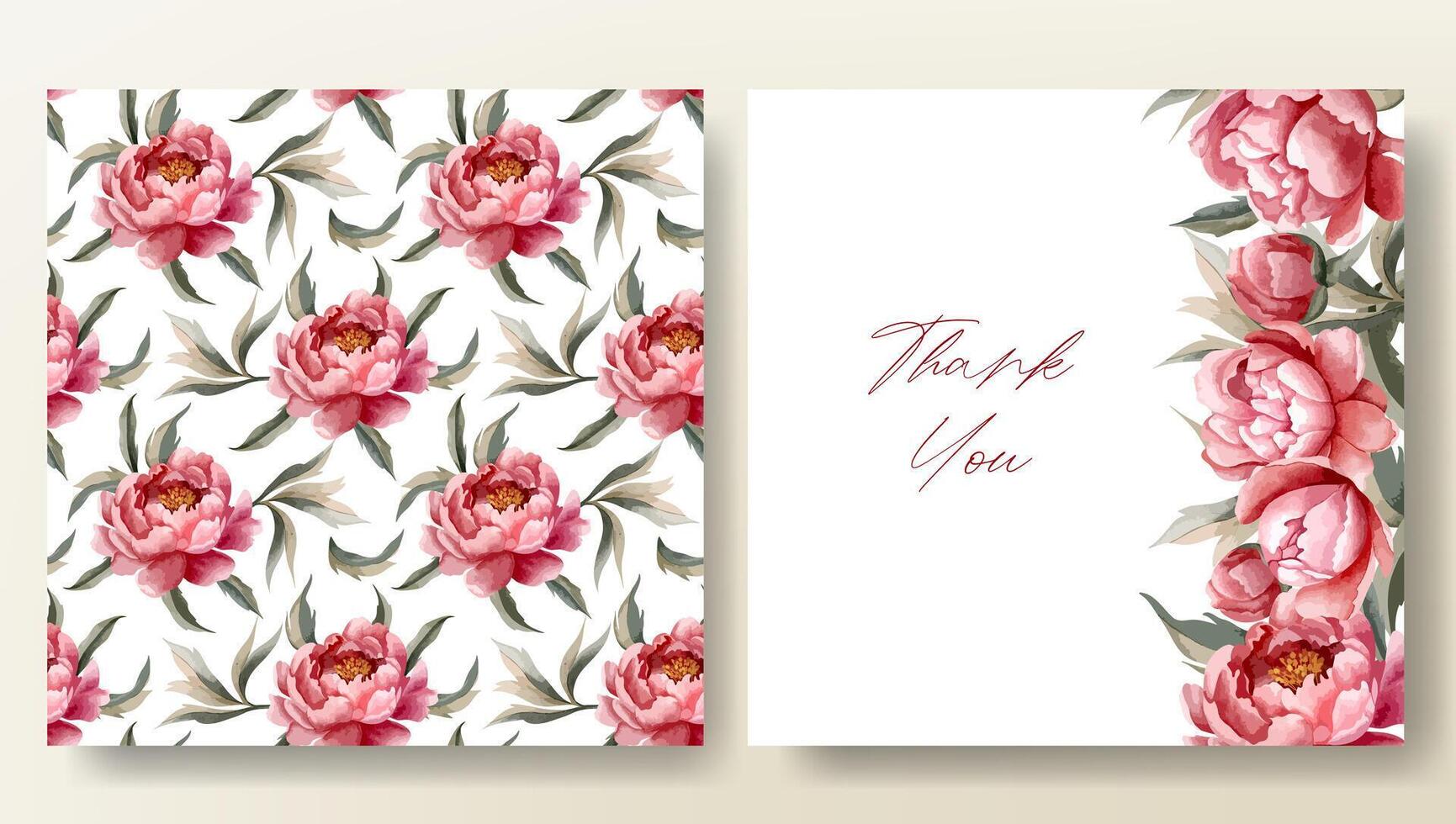 Set of greeting card and seamless pattern with watercolor peonies, wedding invitation. Peony frame vector