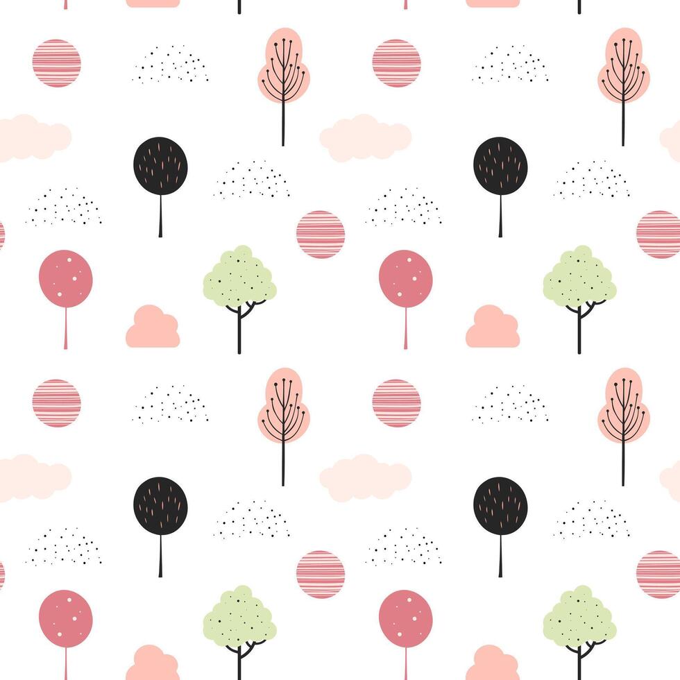 Cute fantasy trees seamless pattern. Scandinavian spring trees seamless background vector