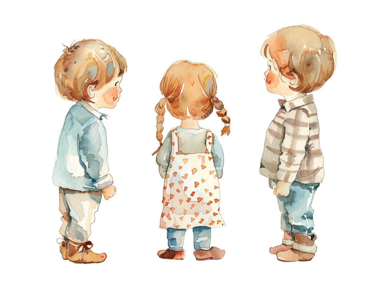 Set of watercolor children standing with their backs. Two boys and one girl, cute babies vector