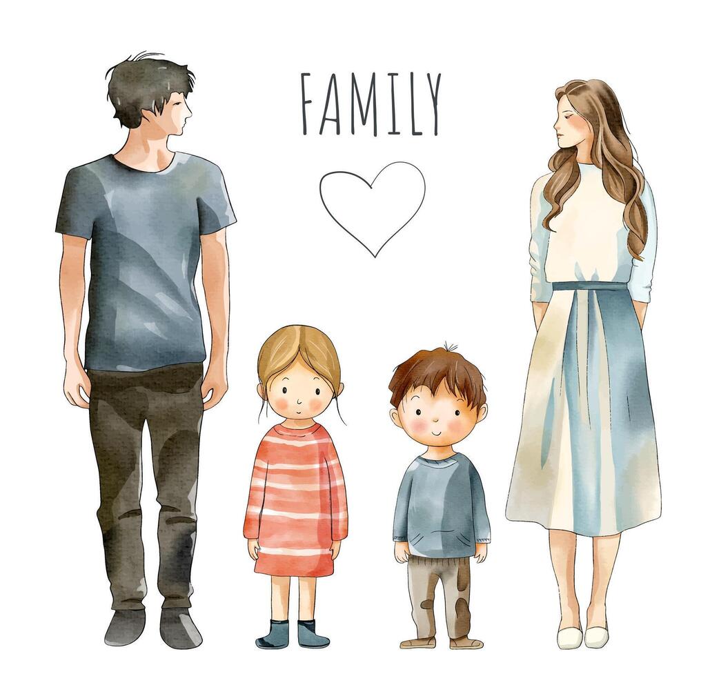 acuarela familia. padres y niños aislado en blanco antecedentes. ilustración mujer, hombre, dos niños vector