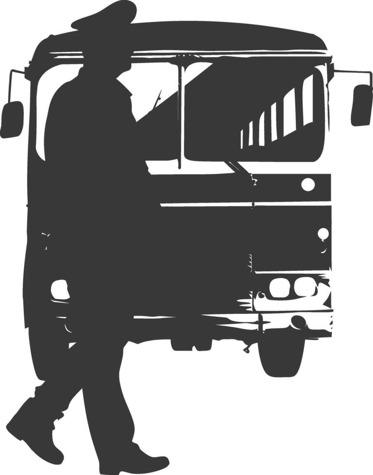 Silhouette bus driver in action full body black color only vector
