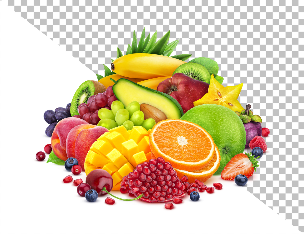 Exotic fruits and berries mix isolated on white background psd