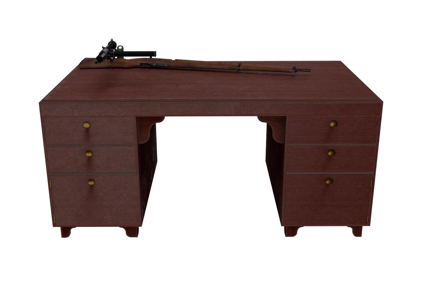 3d representación escritorio con armas en parte superior foto