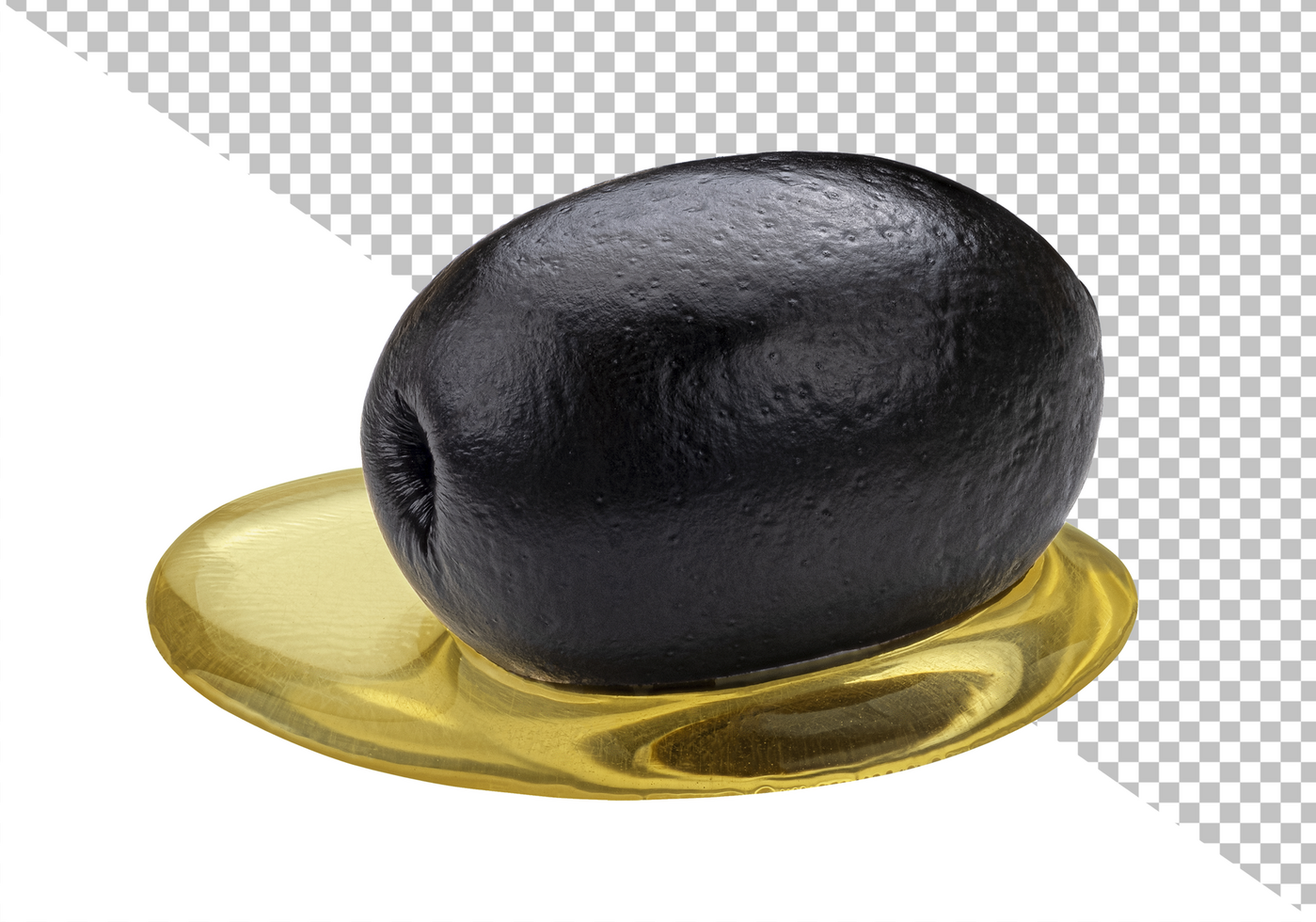 One black olive with olive oil spot isolated on white background psd