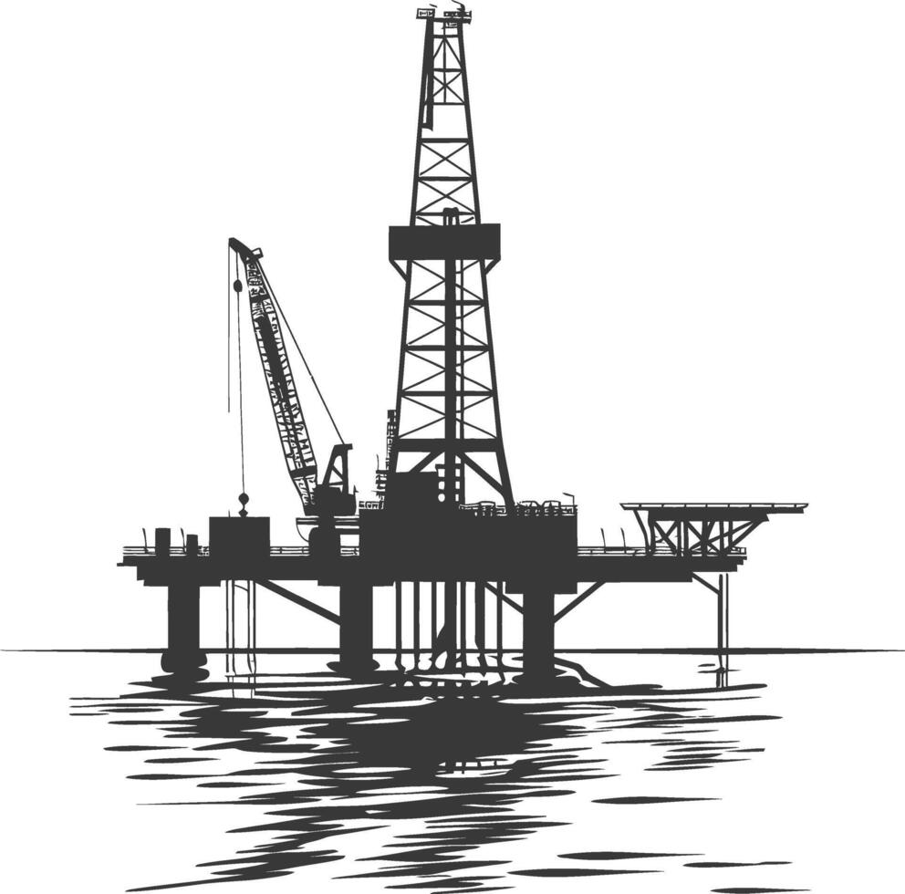 silhouette oil platform or oil derrick in the sea black color only vector