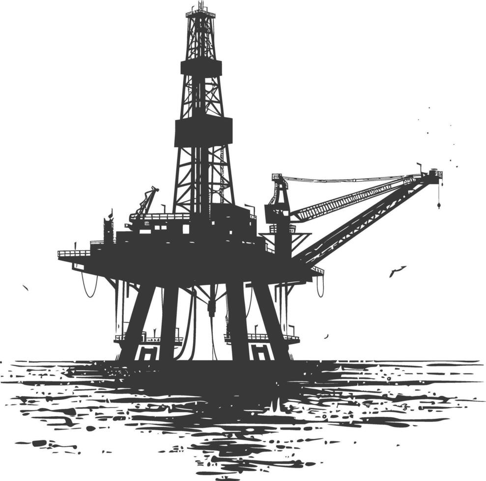 silhouette oil platform or oil derrick in the sea black color only vector
