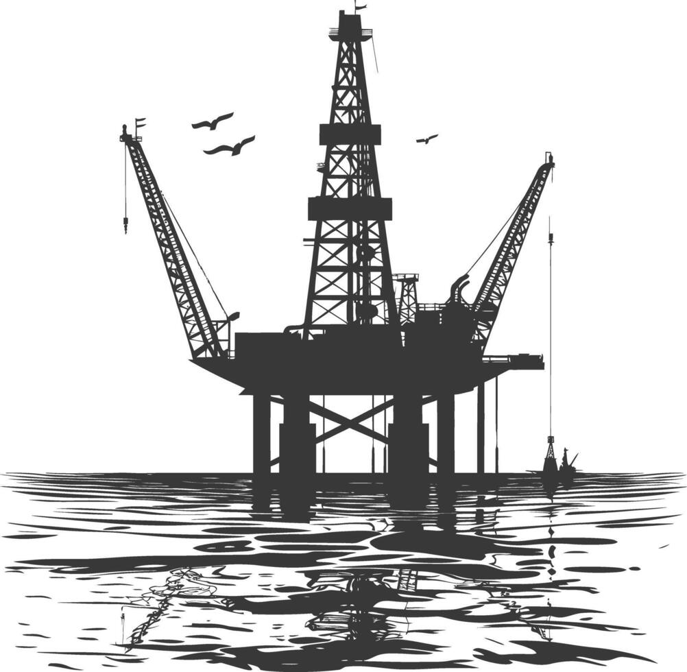 silhouette oil platform or oil derrick in the sea black color only vector