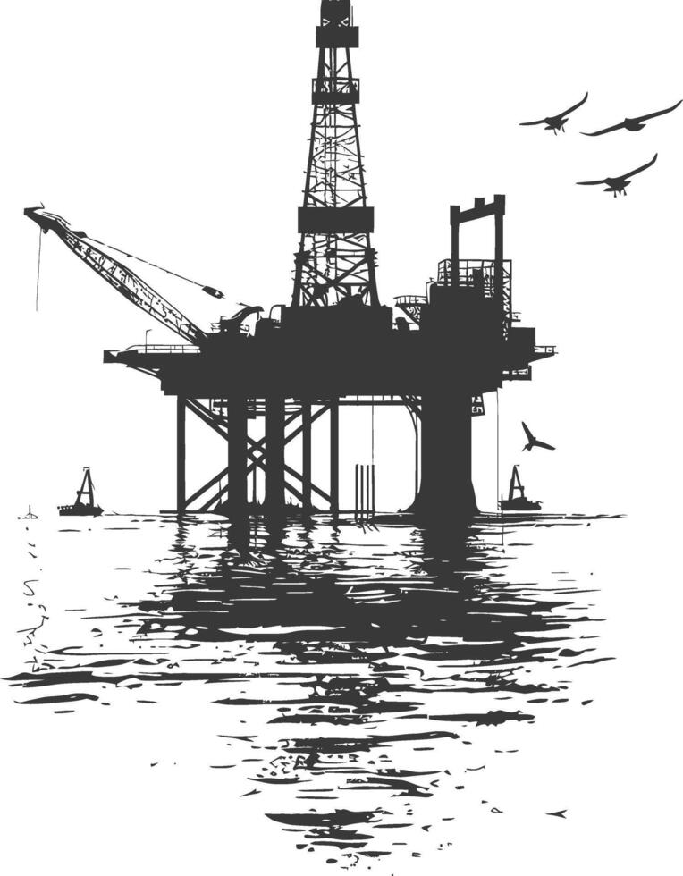 silhouette oil platform or oil derrick in the sea black color only vector