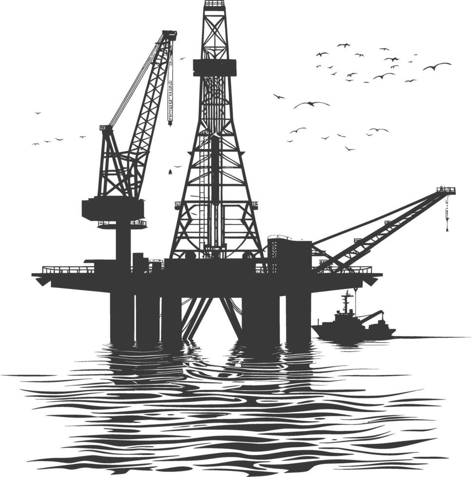 silhouette oil platform or oil derrick in the sea black color only vector