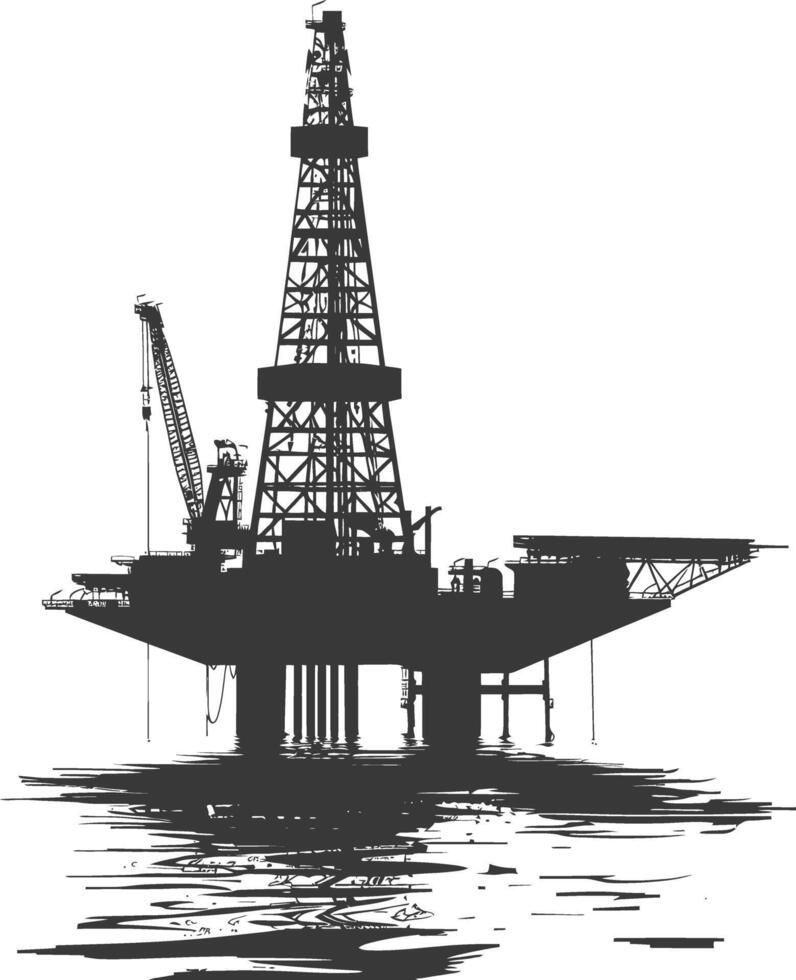 silhouette oil platform or oil derrick in the sea black color only vector