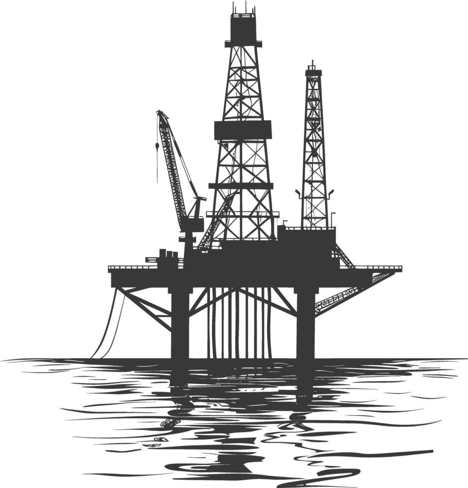 silhouette oil platform or oil derrick in the sea black color only vector