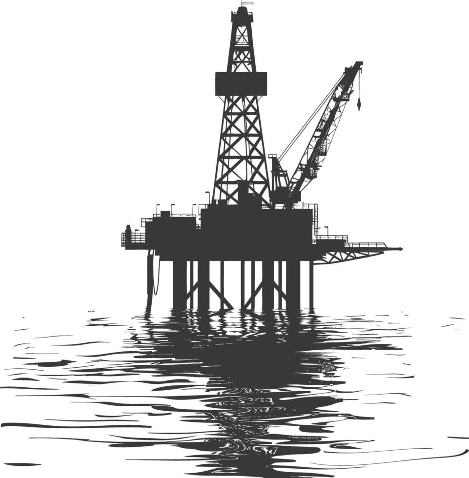 silhouette oil platform or oil derrick in the sea black color only vector