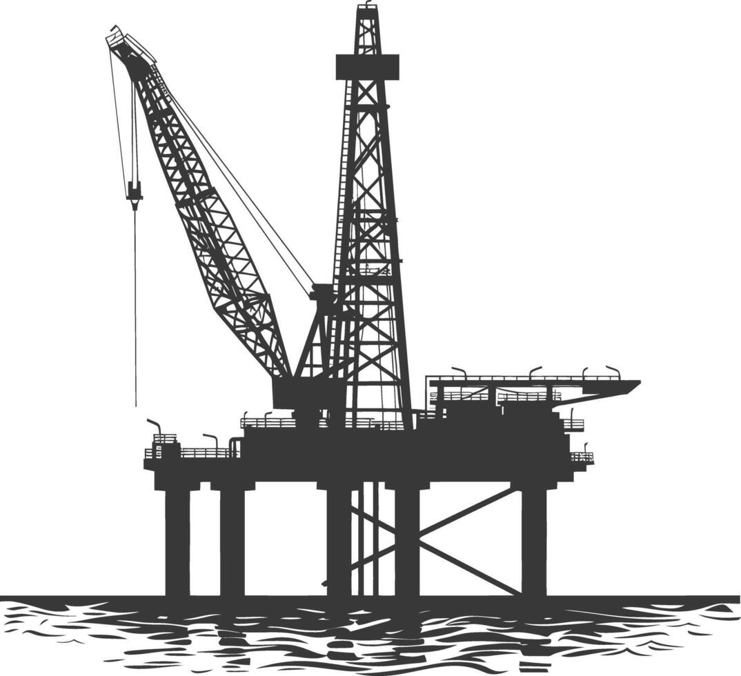 silueta petróleo plataforma o petróleo derrick en el mar negro color solamente vector