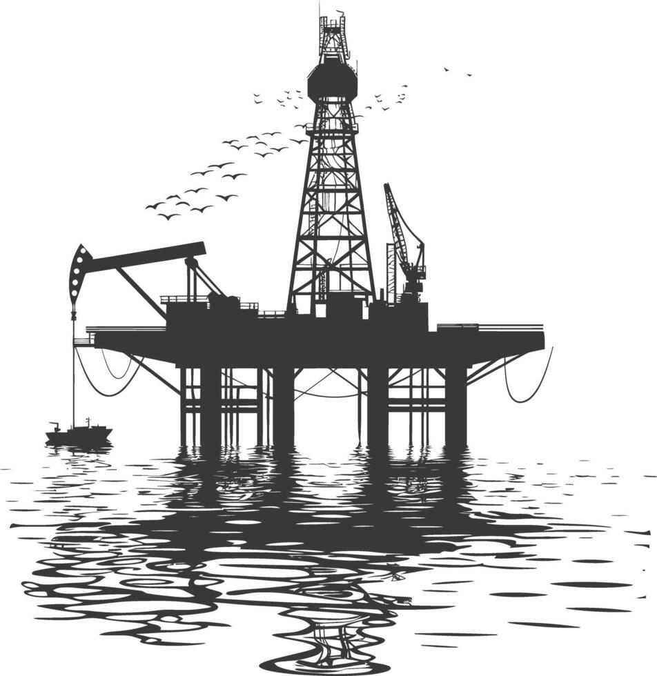 silhouette oil platform or oil derrick in the sea black color only vector