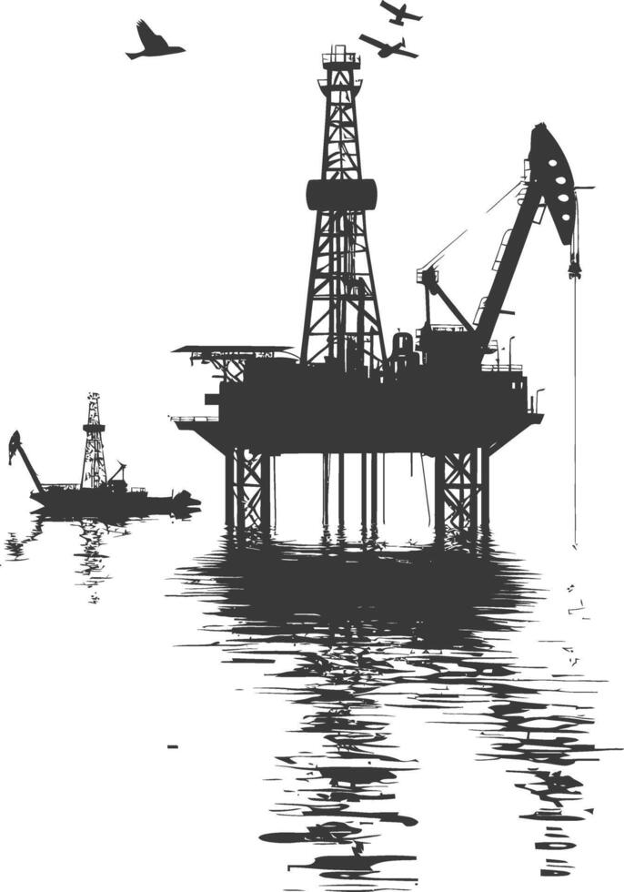 silhouette oil platform or oil derrick in the sea black color only vector