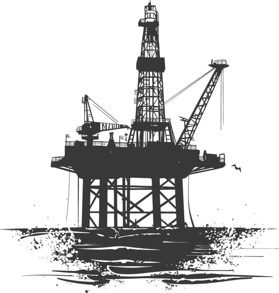 silhouette oil platform or oil derrick in the sea black color only vector