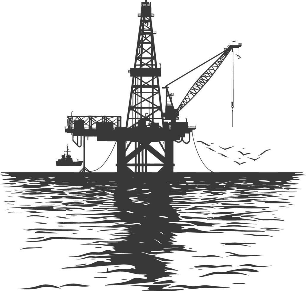 silhouette oil platform or oil derrick in the sea black color only vector