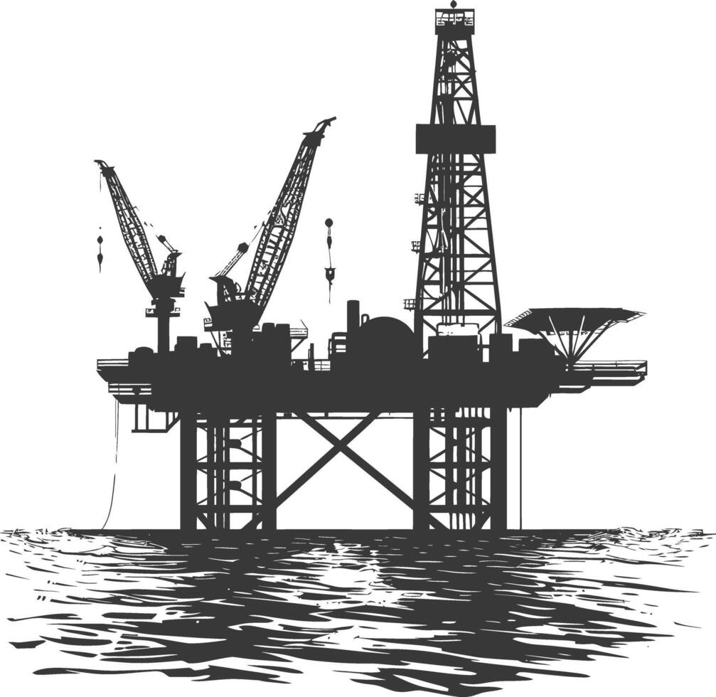 silueta petróleo plataforma o petróleo derrick en el mar negro color solamente vector