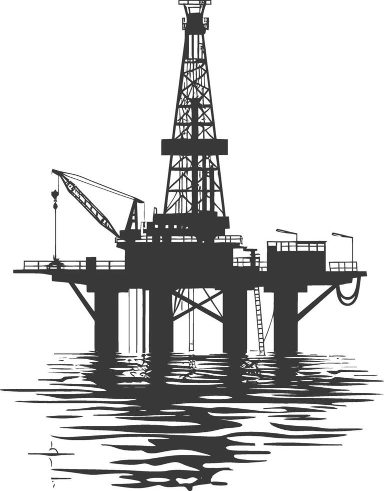 silhouette oil platform or oil derrick in the sea black color only vector