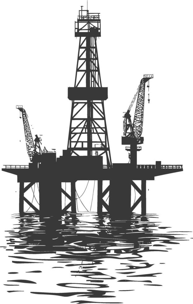 silhouette oil platform or oil derrick in the sea black color only vector