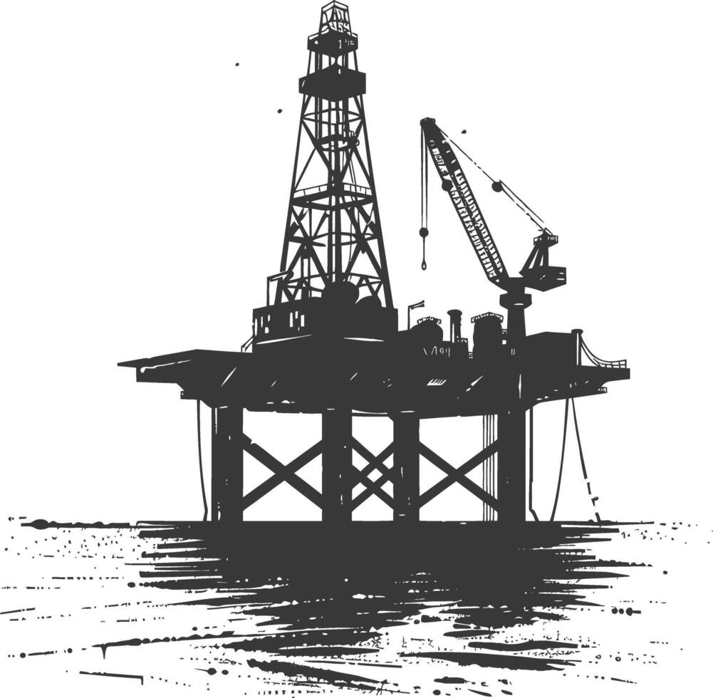 silhouette oil platform or oil derrick in the sea black color only vector