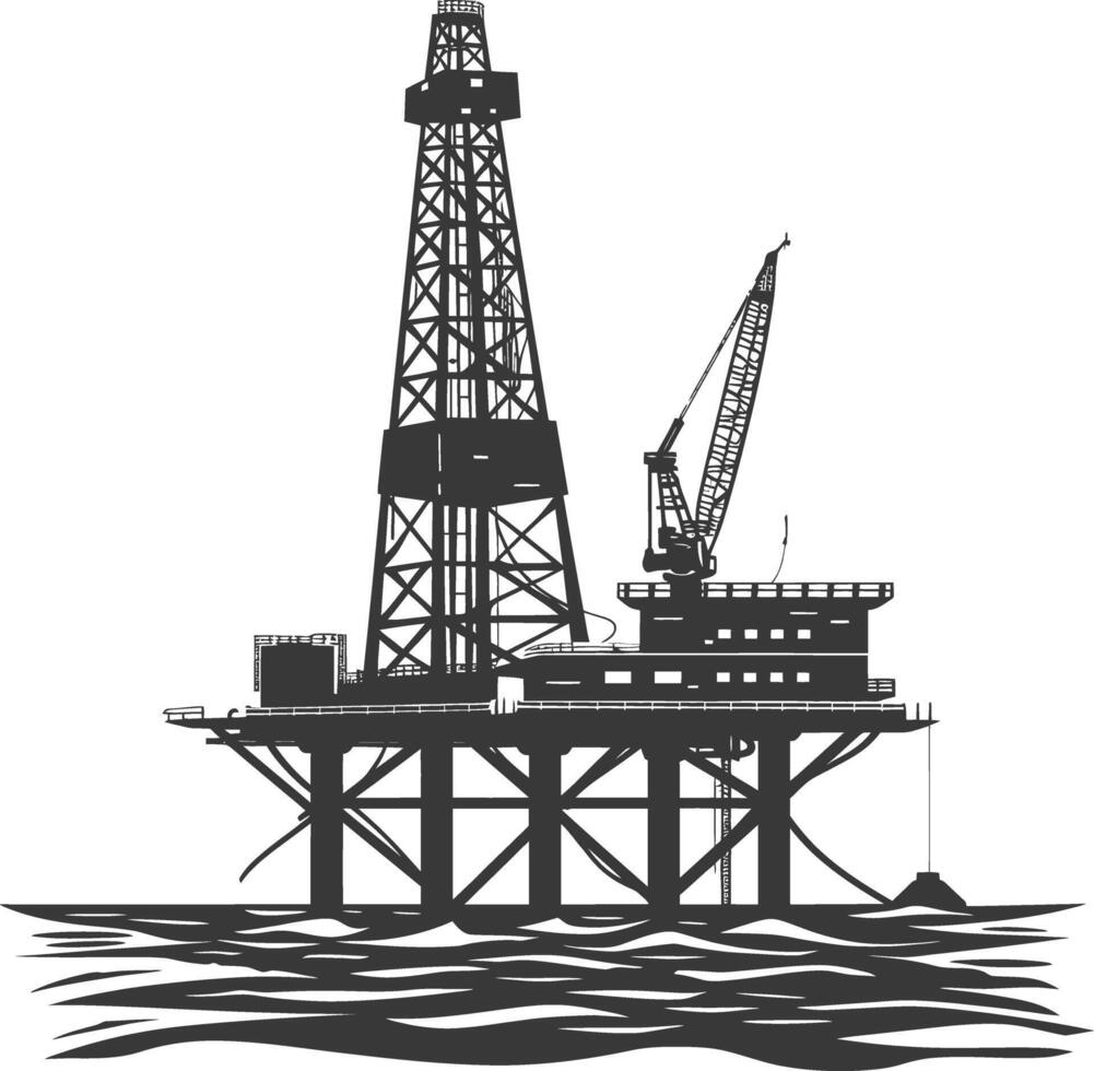 silueta petróleo plataforma o petróleo derrick en el mar negro color solamente vector