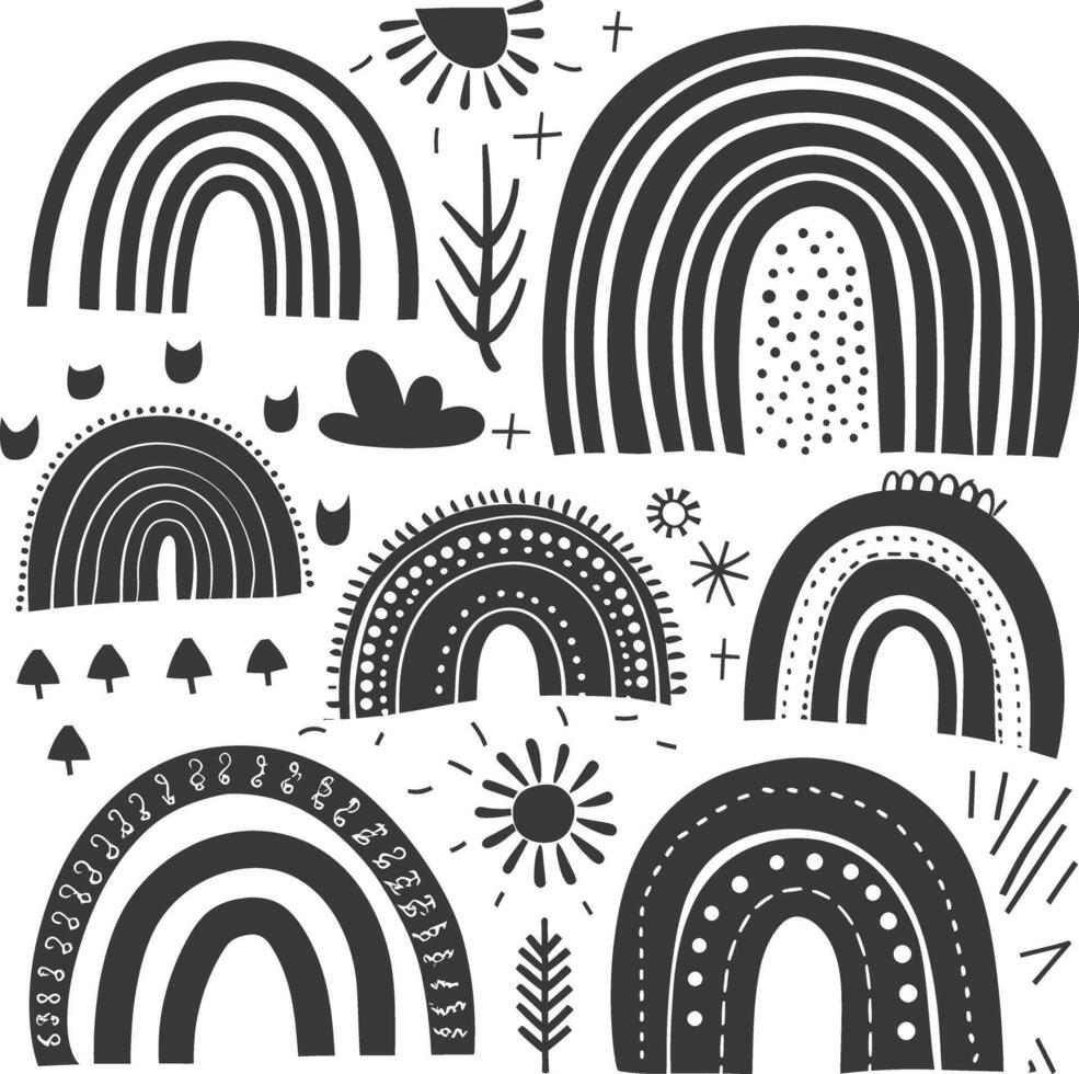 silhouette rainbow doodle set hand drawn rainbow black color only vector