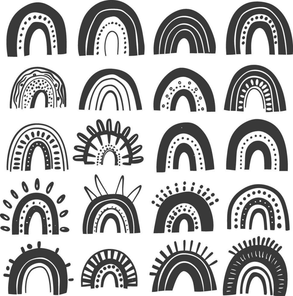 silhouette various rainbows doodle set hand drawn black color only vector