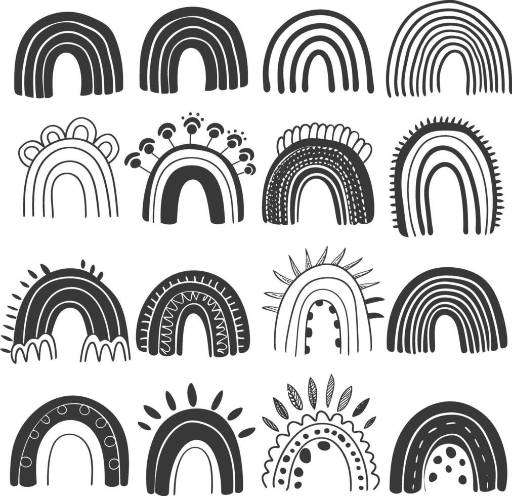 silhouette various rainbows doodle set hand drawn black color only vector