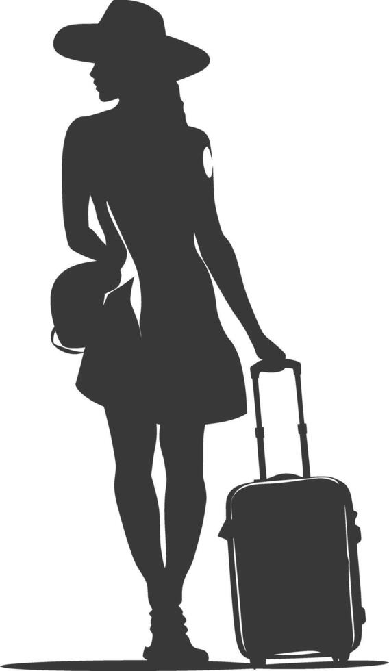 silhouette woman traveling with suitcase black color only vector