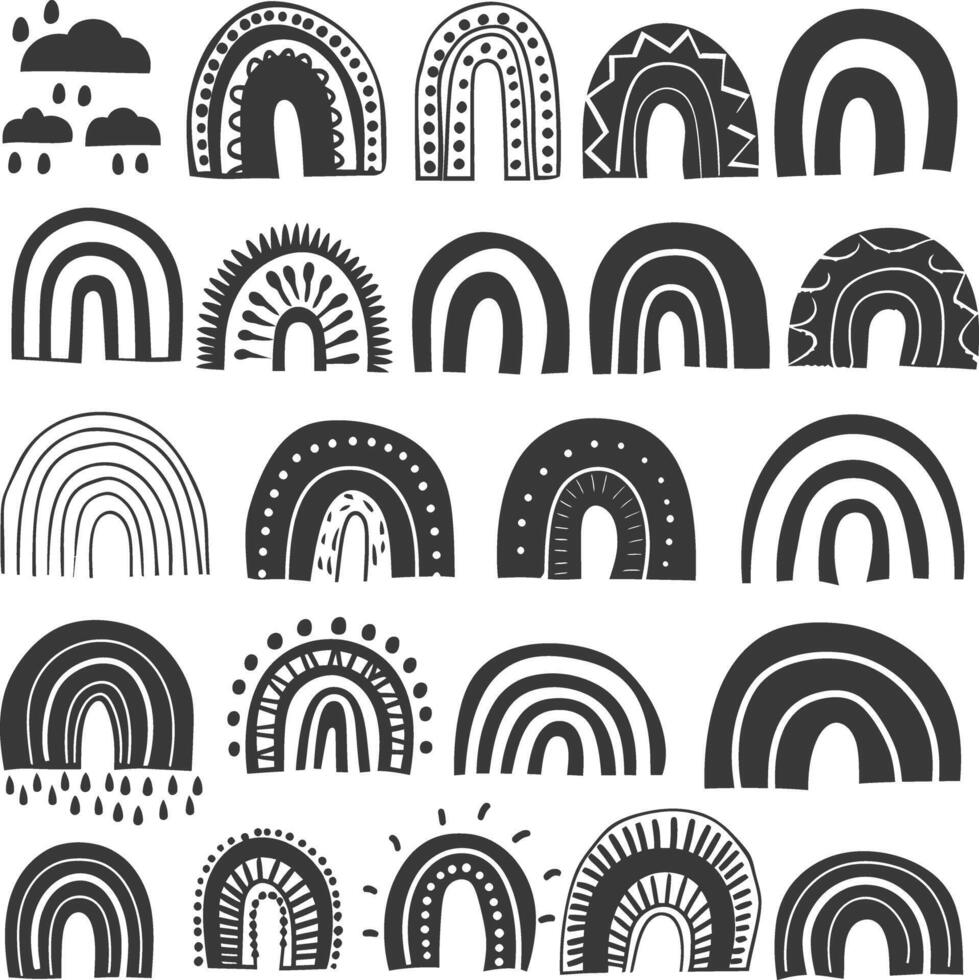 silhouette various rainbows doodle set hand drawn black color only vector