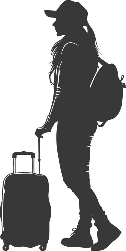 silhouette woman traveling with suitcase black color only vector