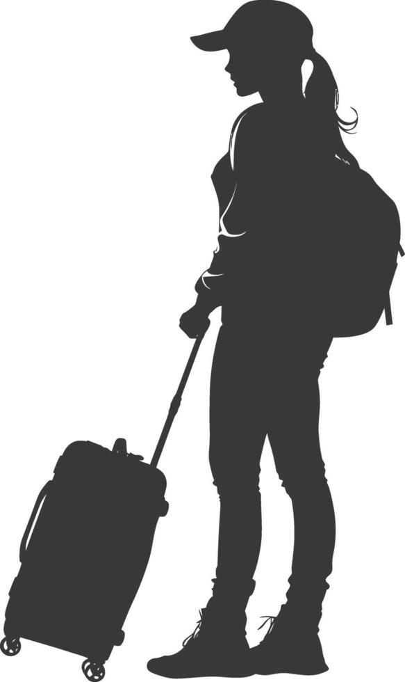 silhouette woman traveling with suitcase black color only vector