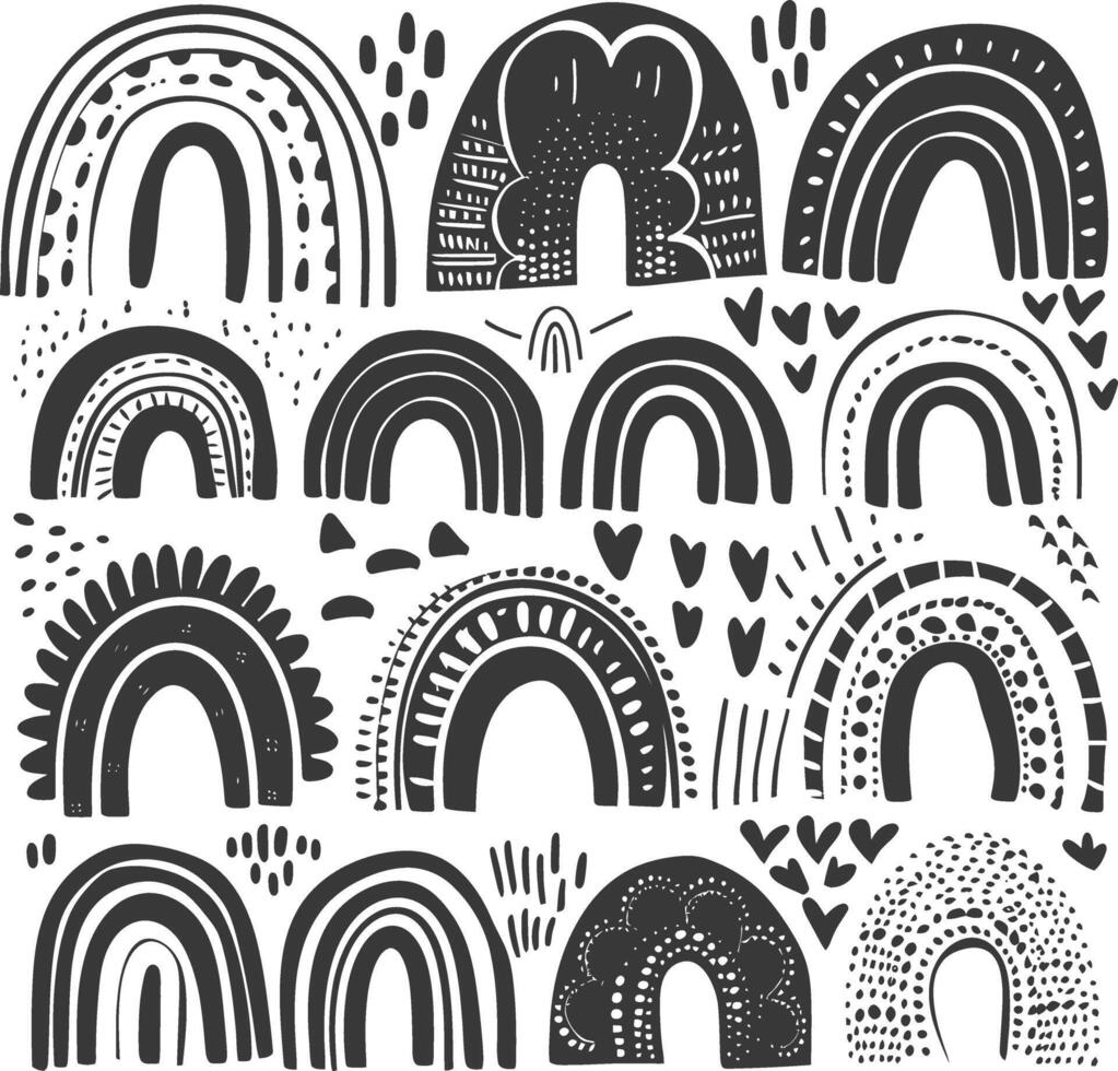 silhouette various rainbows doodle set hand drawn black color only vector