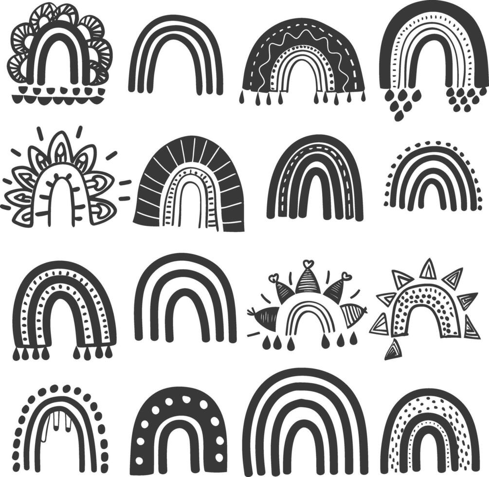 silhouette various rainbows doodle set hand drawn black color only vector