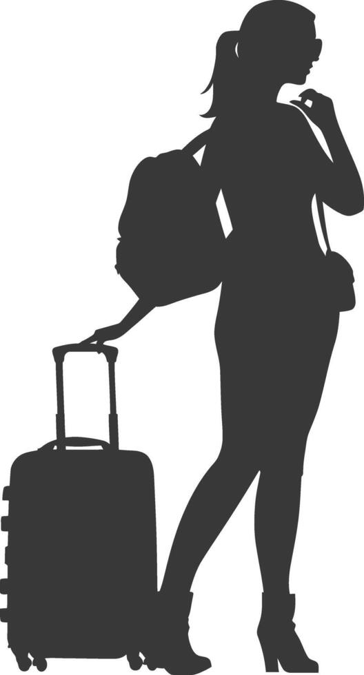 silhouette woman traveling with suitcase black color only vector