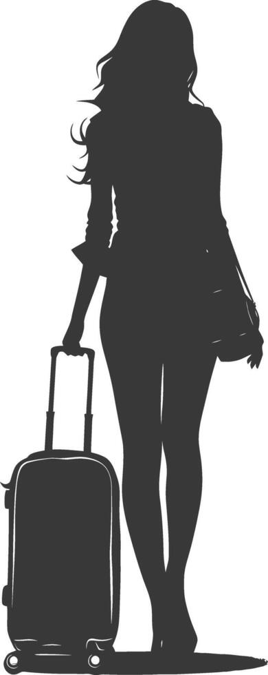 silhouette woman traveling with suitcase black color only vector