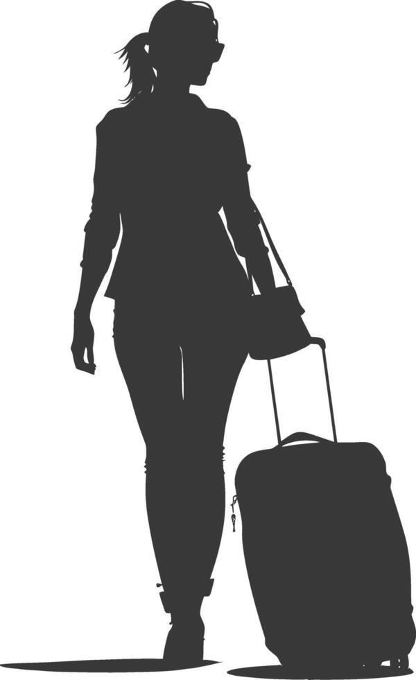 silhouette woman traveling with suitcase black color only vector