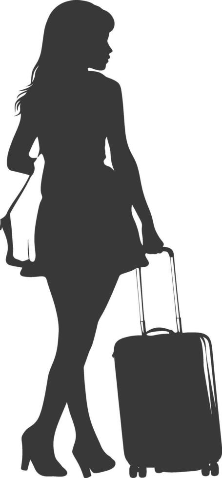 silhouette woman traveling with suitcase black color only vector