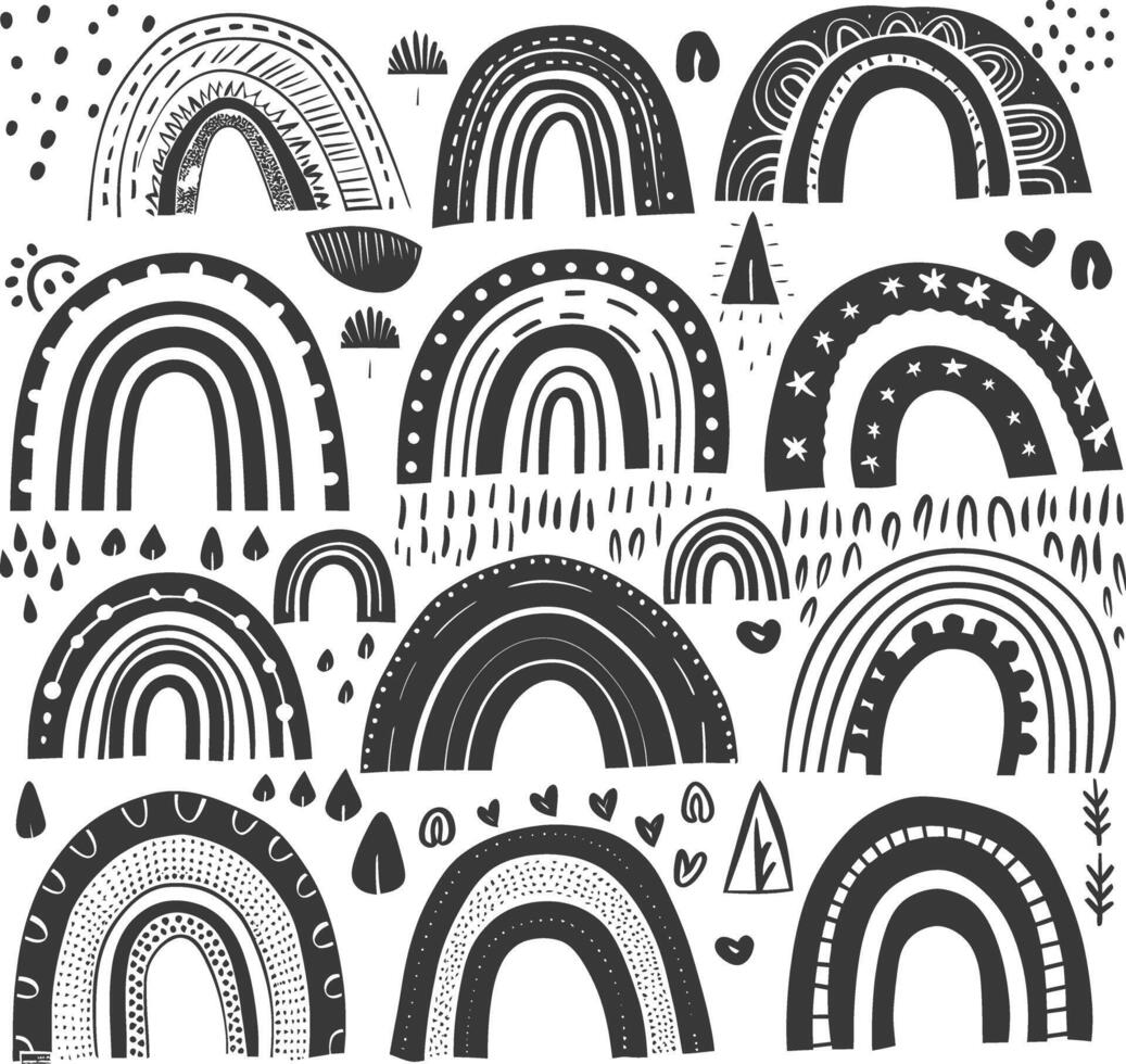 silhouette various rainbows doodle set hand drawn black color only vector