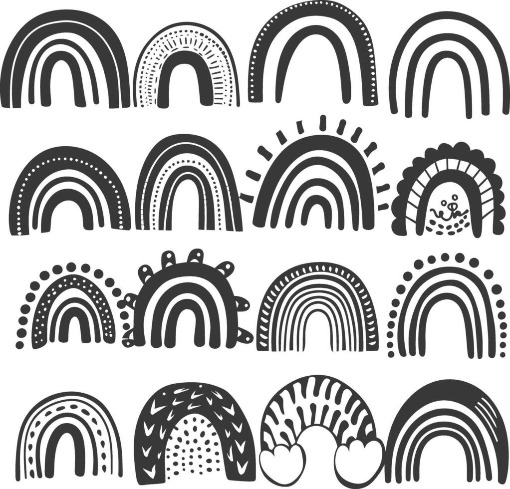silhouette various rainbows doodle set hand drawn black color only vector