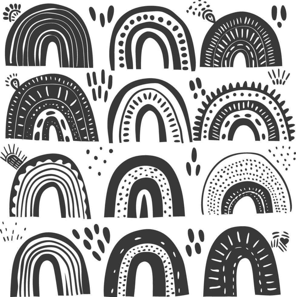 silhouette various rainbows doodle set hand drawn black color only vector