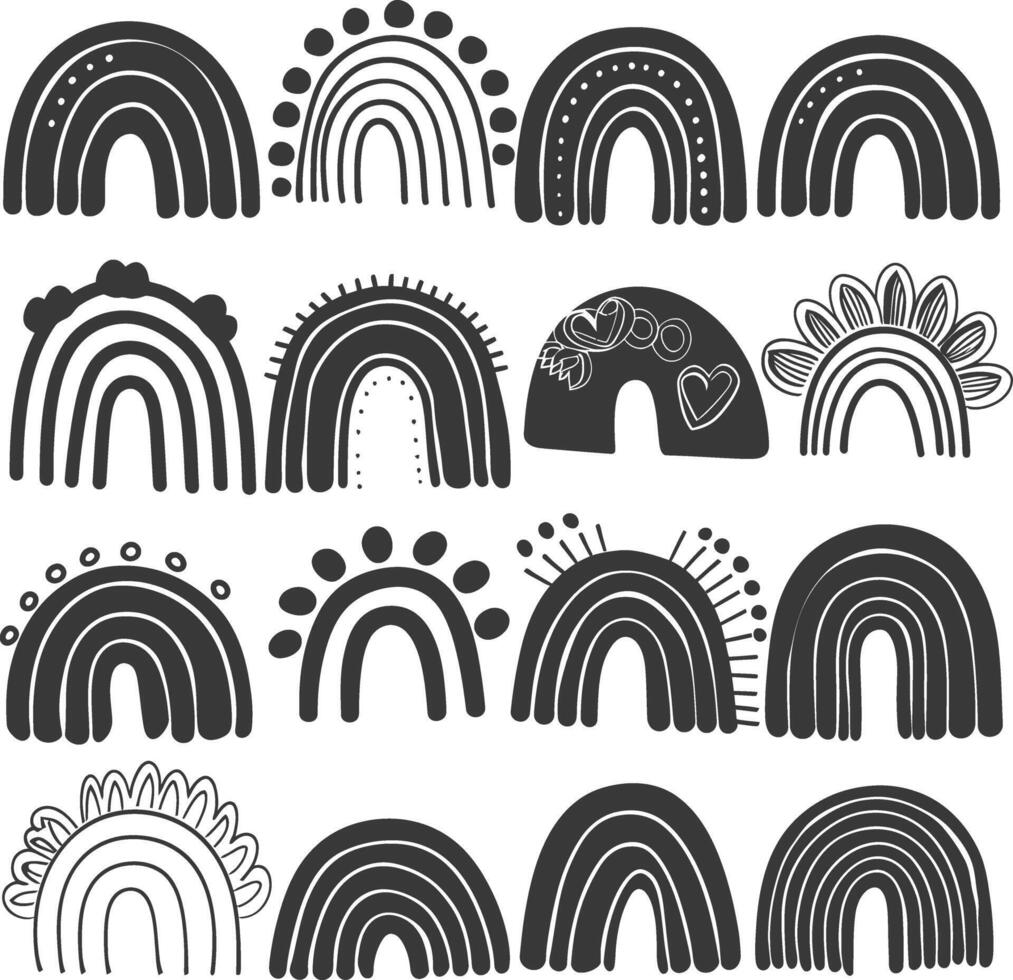 silhouette various rainbows doodle set hand drawn black color only vector