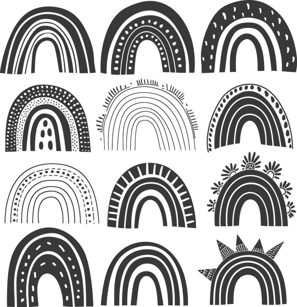 silhouette various rainbows doodle set hand drawn black color only vector