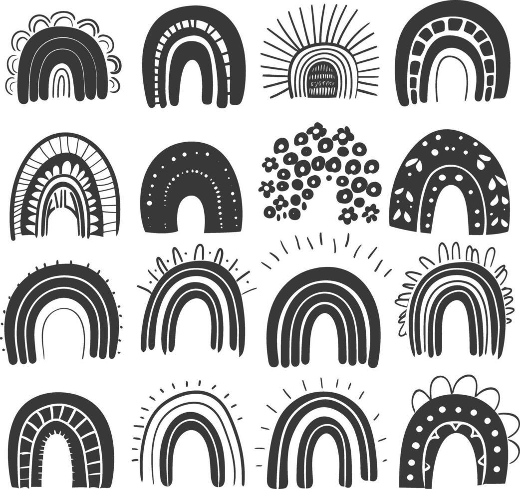 silhouette various rainbows doodle set hand drawn black color only vector